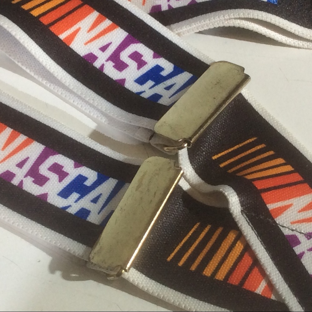 NASCAR Racing Stripes Rainbow Colors Gold Tone Hardware White Suspenders *STAIN - Picture 4 of 6
